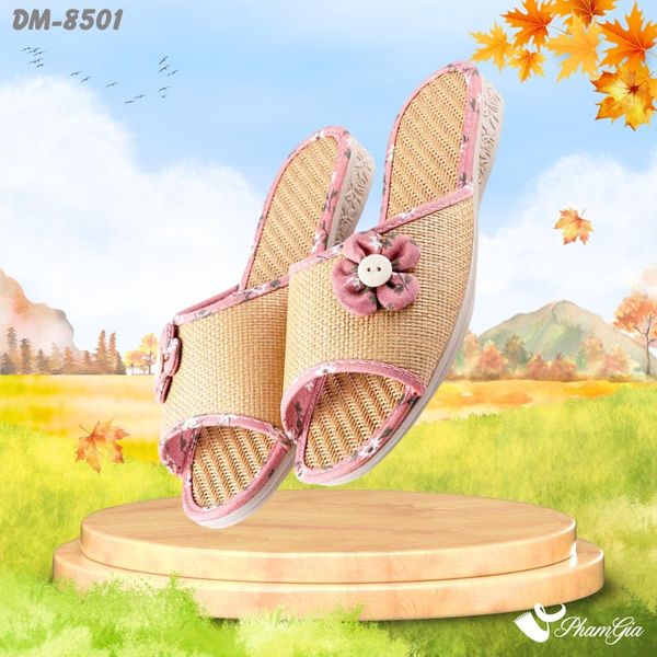 Dép Mây Quai Ngang Cao Cấp Đính Hoa Màu Hồng Ruốc (DM8501)