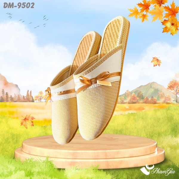 Dép Mây Bít Mũi Cao Cấp Họa Tiết Caro Phối Nơ Màu Vàng Đất (DM9502)