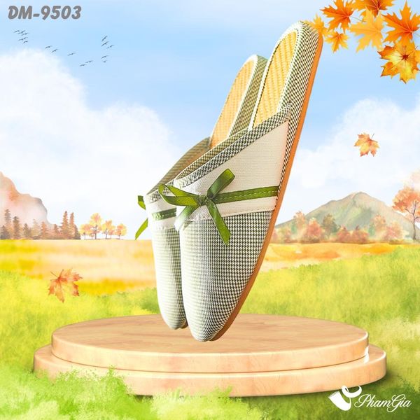 Dép Mây Bít Mũi Cao Cấp Họa Tiết Caro Phối Nơ Màu Xanh Oliu (DM9503)