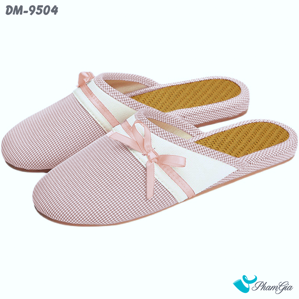 Dép Mây Bít Mũi Cao Cấp Họa Tiết Caro Phối Nơ Màu Hồng Pastel (DM9504)