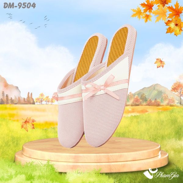 Dép Mây Bít Mũi Cao Cấp Họa Tiết Caro Phối Nơ Màu Hồng Pastel (DM9504)