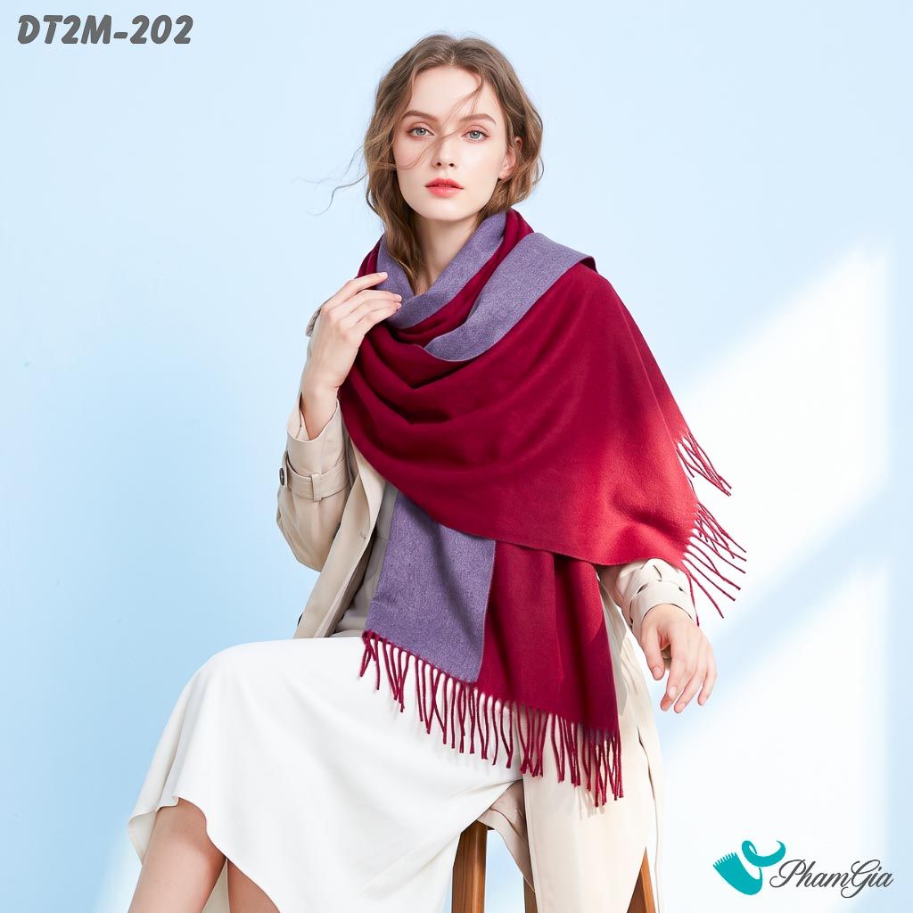 Khăn Choàng Dạ Cashmere Trơn 2 Mặt Phiên Bản Mới Phối Màu Đỏ Đô - Xám Sang Trọng (DT2M202)