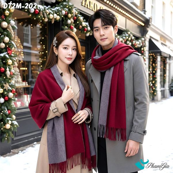 Khăn Choàng Dạ Cashmere Trơn 2 Mặt Phiên Bản Mới Phối Màu Đỏ Đô - Xám Sang Trọng (DT2M202)