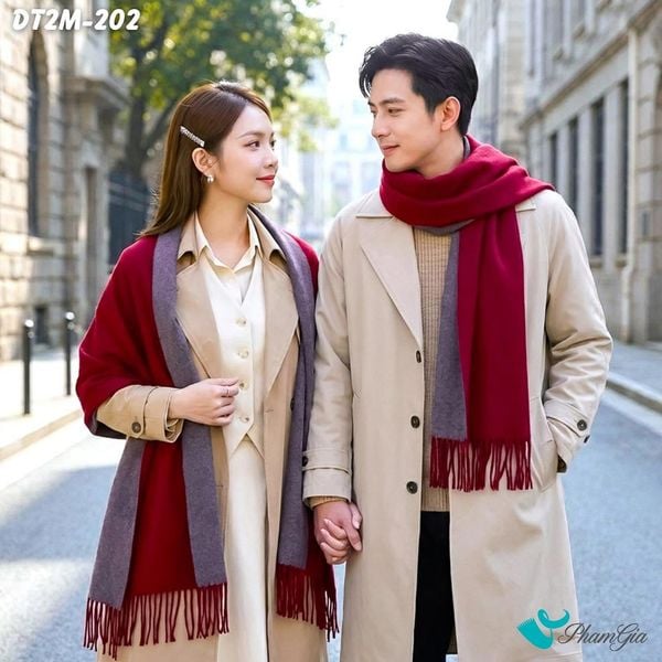 Khăn Choàng Dạ Cashmere Trơn 2 Mặt Phiên Bản Mới Phối Màu Đỏ Đô - Xám Sang Trọng (DT2M202)