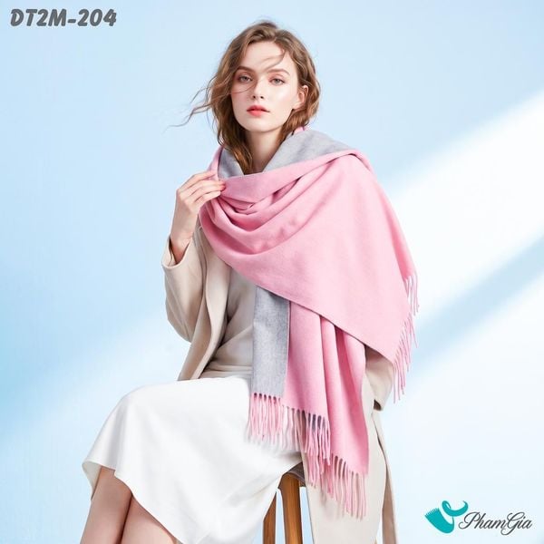 Khăn Choàng Dạ Cashmere Trơn 2 Mặt Phiên Bản Mới Phối Màu Hồng Dâu - Xám Trẻ Trung (DT2M204)