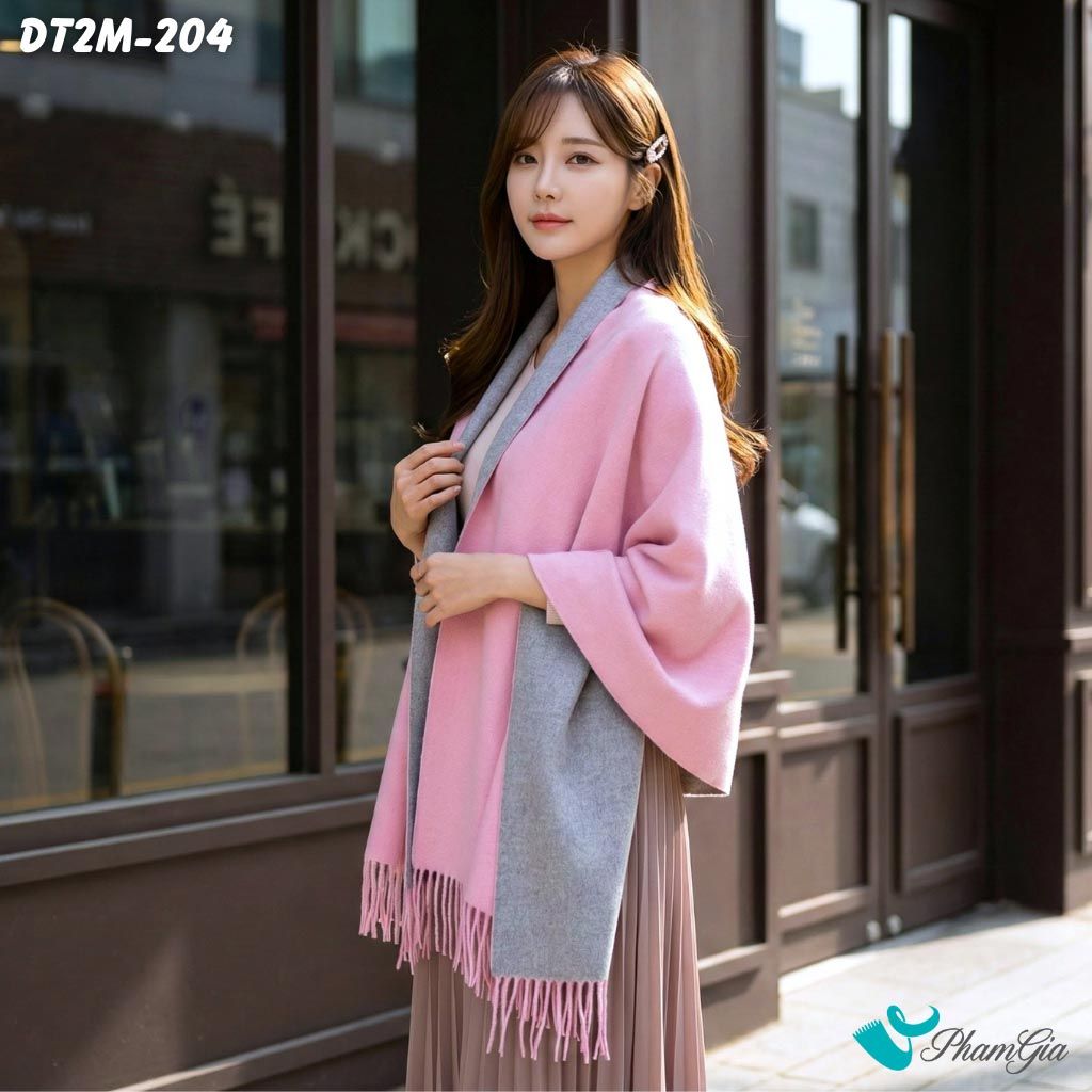Khăn Choàng Dạ Cashmere Trơn 2 Mặt Phiên Bản Mới Phối Màu Hồng Dâu - Xám Trẻ Trung (DT2M204)