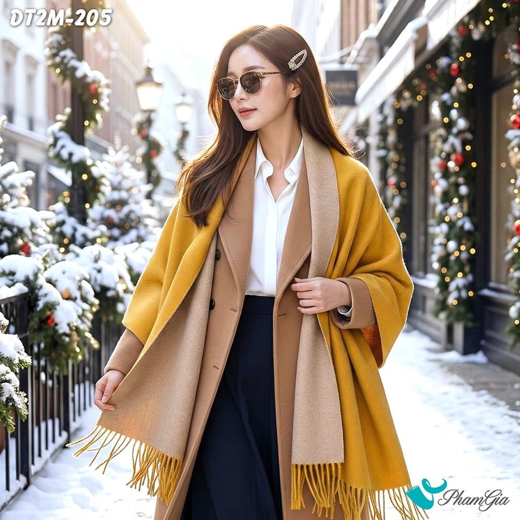 Khăn Choàng Dạ Cashmere Trơn 2 Mặt Phiên Bản Mới Phối Màu Vàng Nghệ - Xám Sang Trọng (DT2M205)