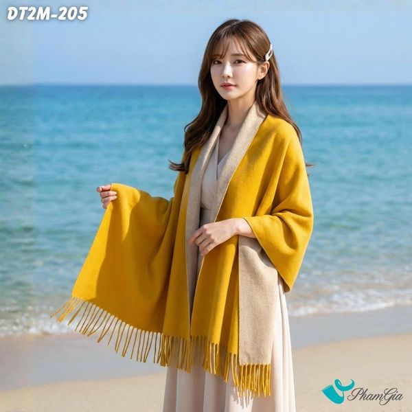Khăn Choàng Dạ Cashmere Trơn 2 Mặt Phiên Bản Mới Phối Màu Vàng Nghệ - Xám Sang Trọng (DT2M205)