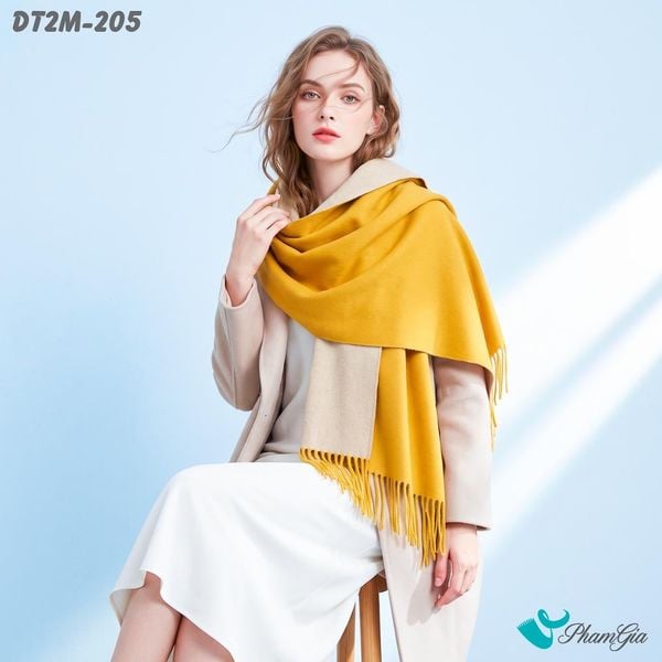 Khăn Choàng Dạ Cashmere Trơn 2 Mặt Phiên Bản Mới Phối Màu Vàng Nghệ - Xám Sang Trọng (DT2M205)