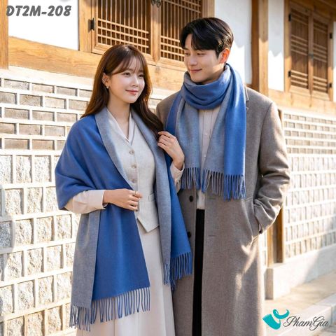 Khăn Choàng Dạ Cashmere Trơn 2 Mặt Phiên Bản Mới Phối Màu Xám - Xanh Coban Thanh Lịch (DT2M208)