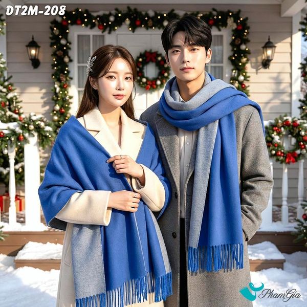 Khăn Choàng Dạ Cashmere Trơn 2 Mặt Phiên Bản Mới Phối Màu Xám - Xanh Coban Thanh Lịch (DT2M208)
