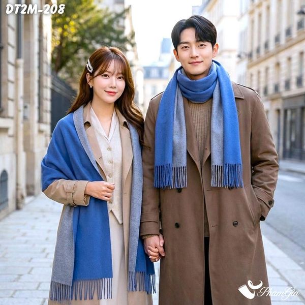 Khăn Choàng Dạ Cashmere Trơn 2 Mặt Phiên Bản Mới Phối Màu Xám - Xanh Coban Thanh Lịch (DT2M208)