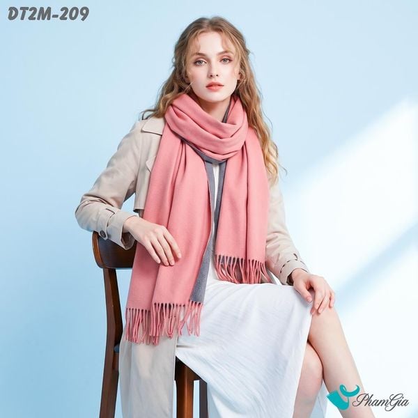 Khăn Choàng Dạ Cashmere Trơn 2 Mặt Phiên Bản Mới Phối Màu Xám Ghi - Hồng San Hô Trẻ Trung (DT2M209)