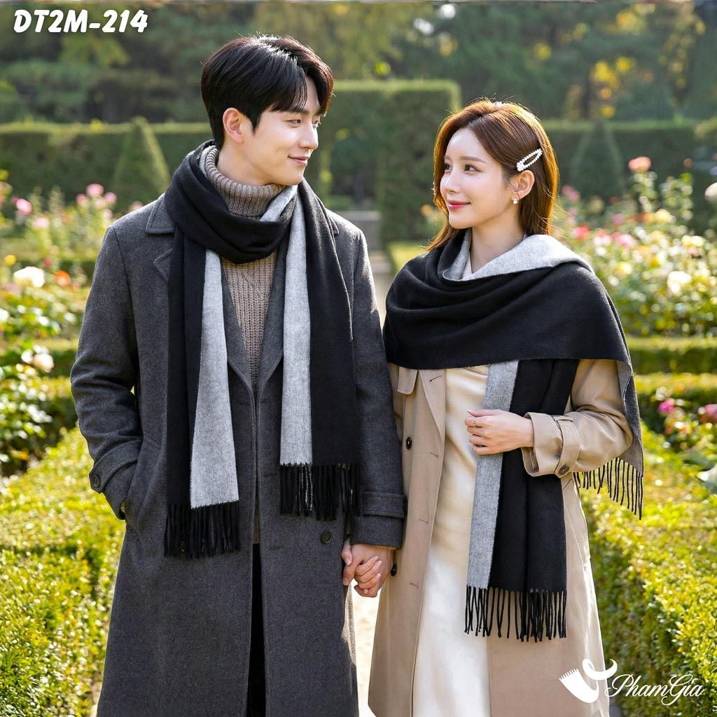 Khăn Choàng Dạ Cashmere Trơn 2 Mặt Phiên Bản Mới Phối Màu Xám Khói - Đen Thời Thượng (DT2M214)