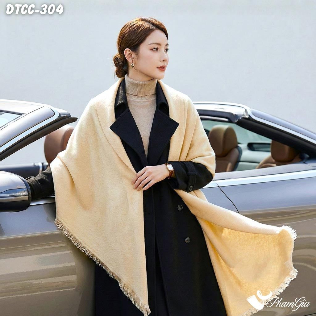 Khăn Choàng Dạ Cashmere Đơn Sắc Phối Lông Vạt Xéo Cao Cấp Màu Beige (DTCC304)
