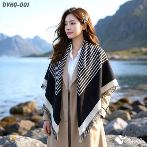 Khăn Choàng Dạ Cashmere Vuông Phong Cách Hàn Quốc Cao Cấp Họa Tiết Kẻ Sọc Đen - Trắng (DVHQ001)