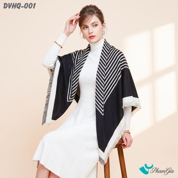Khăn Choàng Dạ Cashmere Vuông Phong Cách Hàn Quốc Cao Cấp Họa Tiết Kẻ Sọc Đen - Trắng (DVHQ001)
