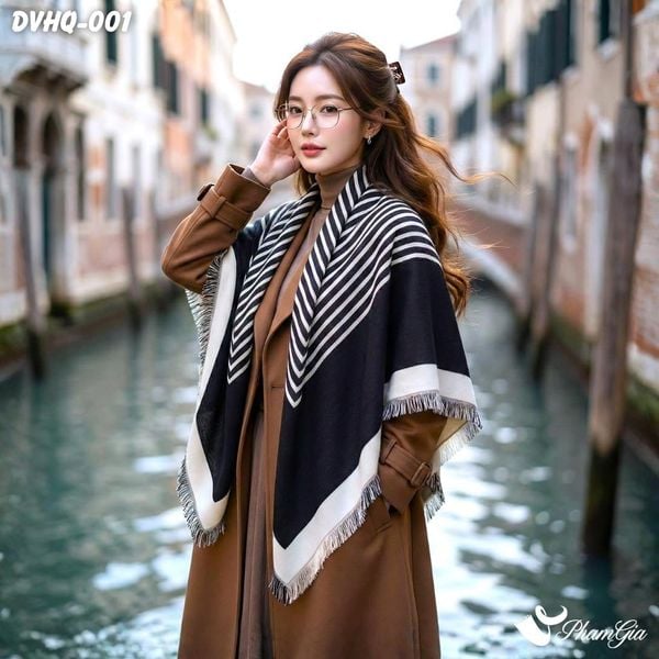 Khăn Choàng Dạ Cashmere Vuông Phong Cách Hàn Quốc Cao Cấp Họa Tiết Kẻ Sọc Đen - Trắng (DVHQ001)