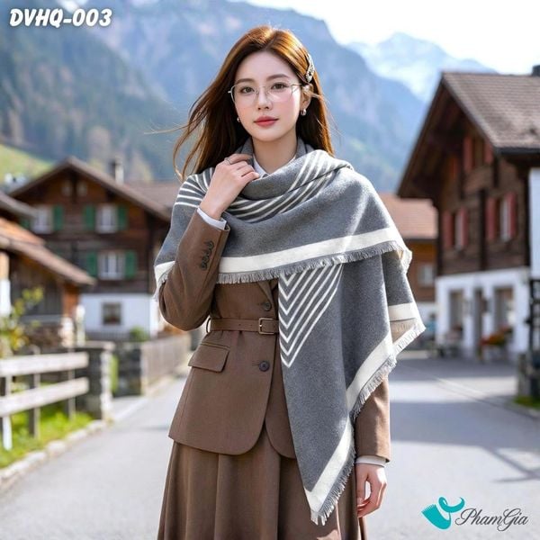 Khăn Choàng Dạ Cashmere Vuông Phong Cách Hàn Quốc Cao Cấp Họa Tiết Kẻ Sọc Ghi - Trắng (DVHQ003)