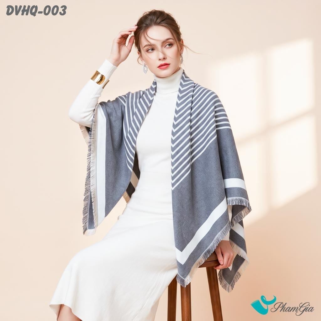 Khăn Choàng Dạ Cashmere Vuông Phong Cách Hàn Quốc Cao Cấp Họa Tiết Kẻ Sọc Ghi - Trắng (DVHQ003)