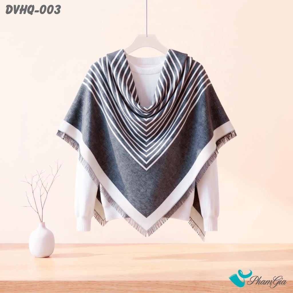 Khăn Choàng Dạ Cashmere Vuông Phong Cách Hàn Quốc Cao Cấp Họa Tiết Kẻ Sọc Ghi - Trắng (DVHQ003)