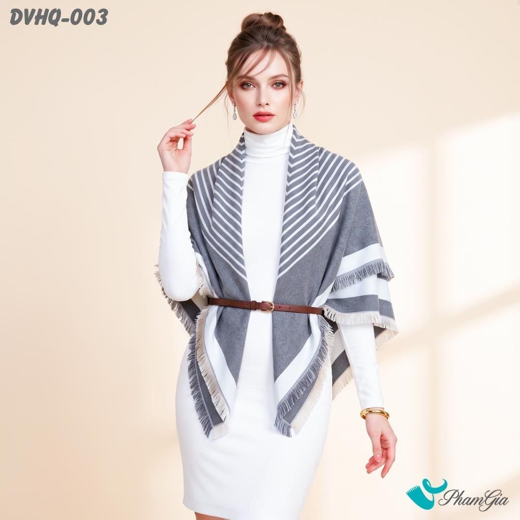 Khăn Choàng Dạ Cashmere Vuông Phong Cách Hàn Quốc Cao Cấp Họa Tiết Kẻ Sọc Ghi - Trắng (DVHQ003)