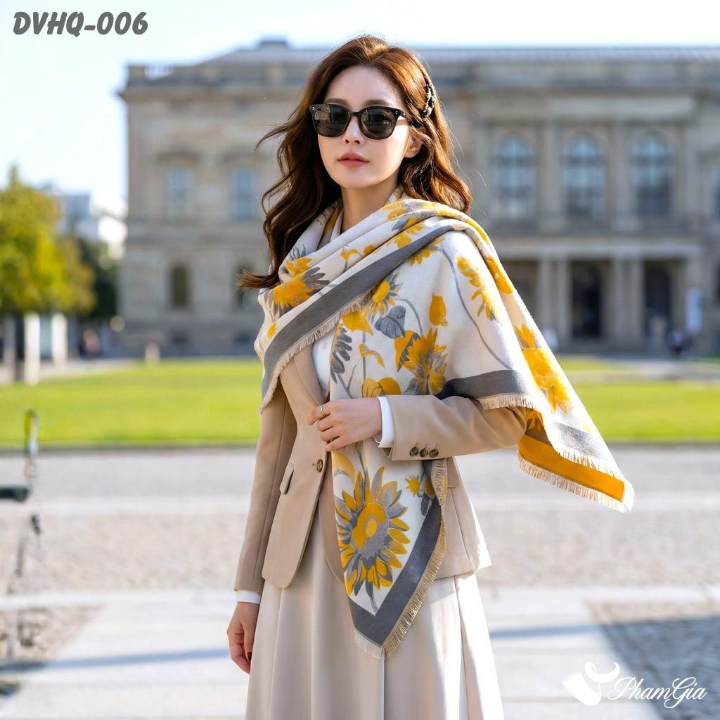Khăn Choàng Dạ Cashmere Vuông Phong Cách Hàn Quốc Cao Cấp Họa Tiết Hoa Hướng Dương Màu Vàng (DVHQ006)
