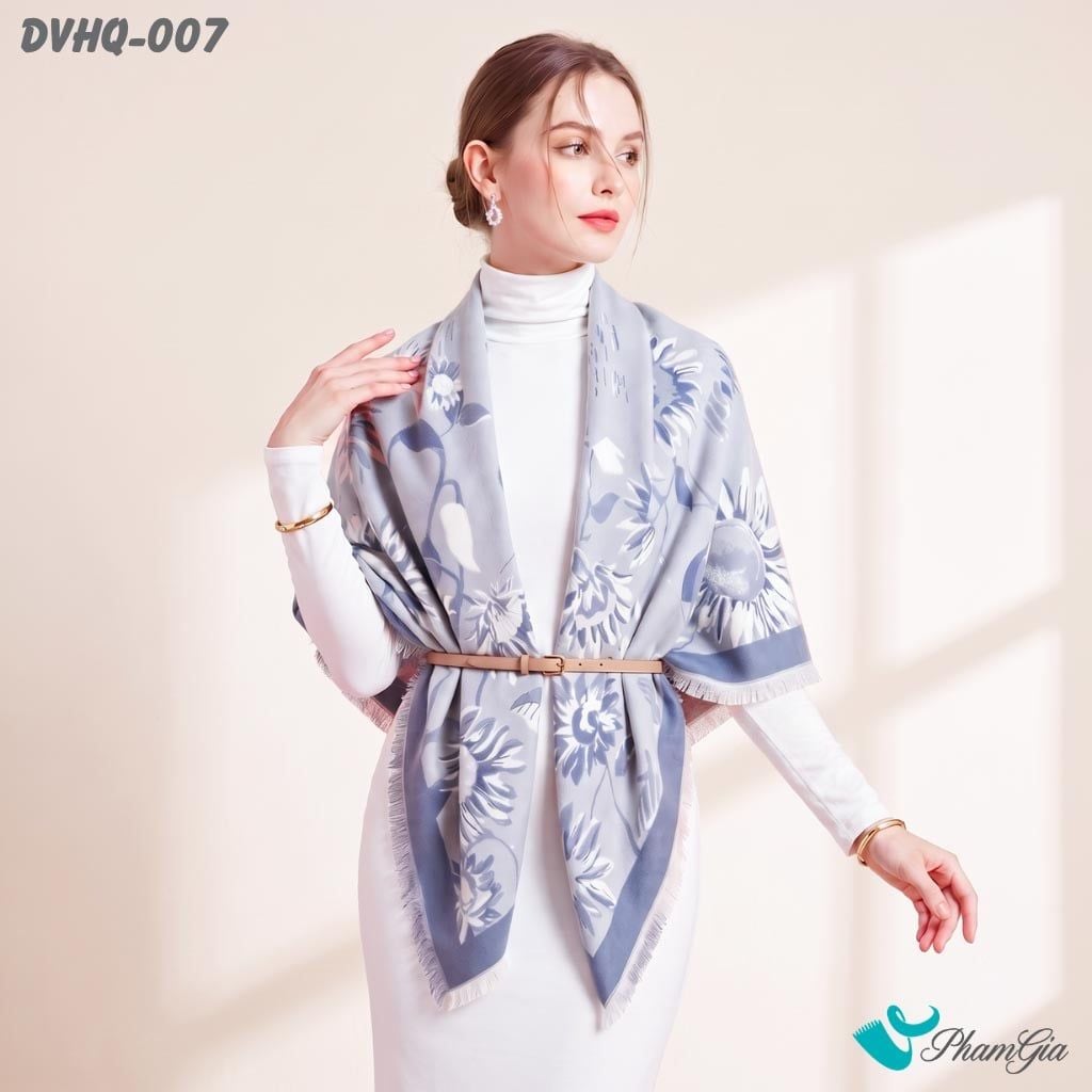 Khăn Choàng Dạ Cashmere Vuông Phong Cách Hàn Quốc Cao Cấp Họa Tiết Hoa Hướng Dương Màu Xanh (DVHQ007)
