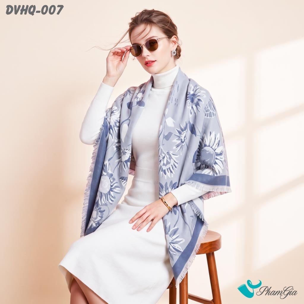 Khăn Choàng Dạ Cashmere Vuông Phong Cách Hàn Quốc Cao Cấp Họa Tiết Hoa Hướng Dương Màu Xanh (DVHQ007)