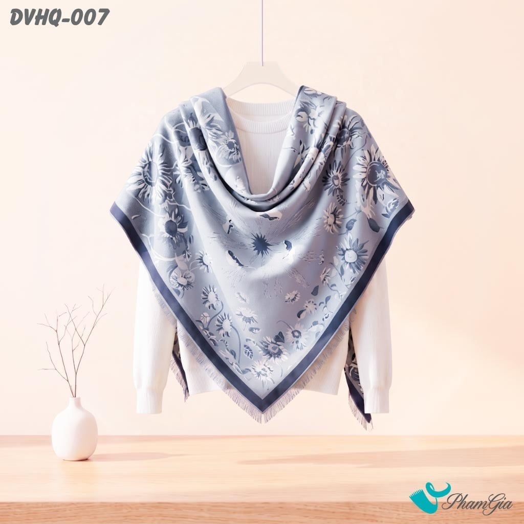 Khăn Choàng Dạ Cashmere Vuông Phong Cách Hàn Quốc Cao Cấp Họa Tiết Hoa Hướng Dương Màu Xanh (DVHQ007)