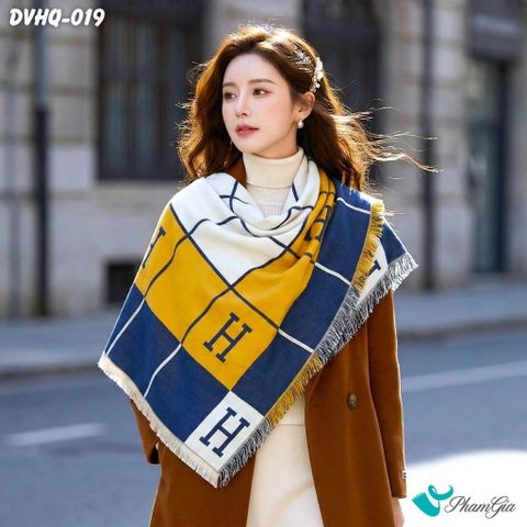 Khăn Choàng Dạ Cashmere Vuông Phong Cách Hàn Quốc Cao Cấp Họa Tiết Caro Phối Màu Xanh Navy - Vàng (DVHQ019)