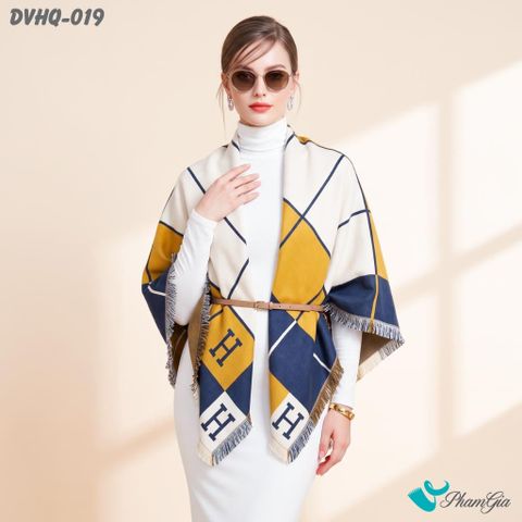 Khăn Choàng Dạ Cashmere Vuông Phong Cách Hàn Quốc Cao Cấp Họa Tiết Caro Phối Màu Xanh Navy - Vàng (DVHQ019)