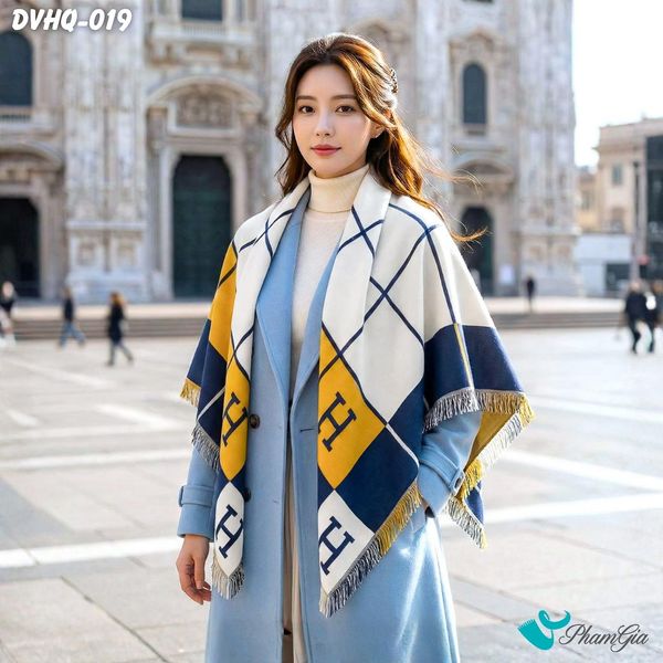 Khăn Choàng Dạ Cashmere Vuông Phong Cách Hàn Quốc Cao Cấp Họa Tiết Caro Phối Màu Xanh Navy - Vàng (DVHQ019)