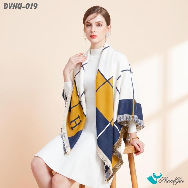 Khăn Choàng Dạ Cashmere Vuông Phong Cách Hàn Quốc Cao Cấp Họa Tiết Caro Phối Màu Xanh Navy - Vàng (DVHQ019)