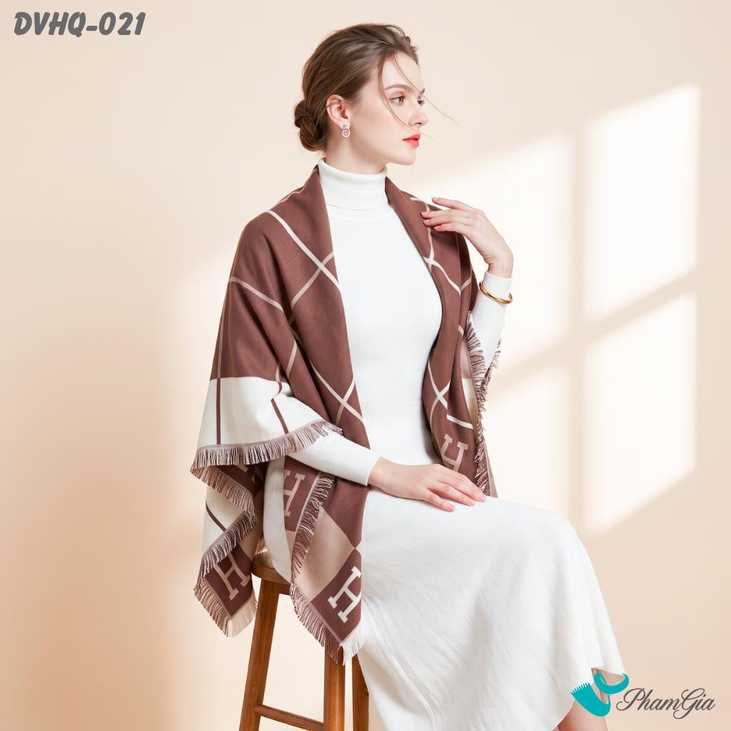 Khăn Choàng Dạ Cashmere Vuông Phong Cách Hàn Quốc Cao Cấp Họa Tiết Caro Màu Nâu Tây (DVHQ021)