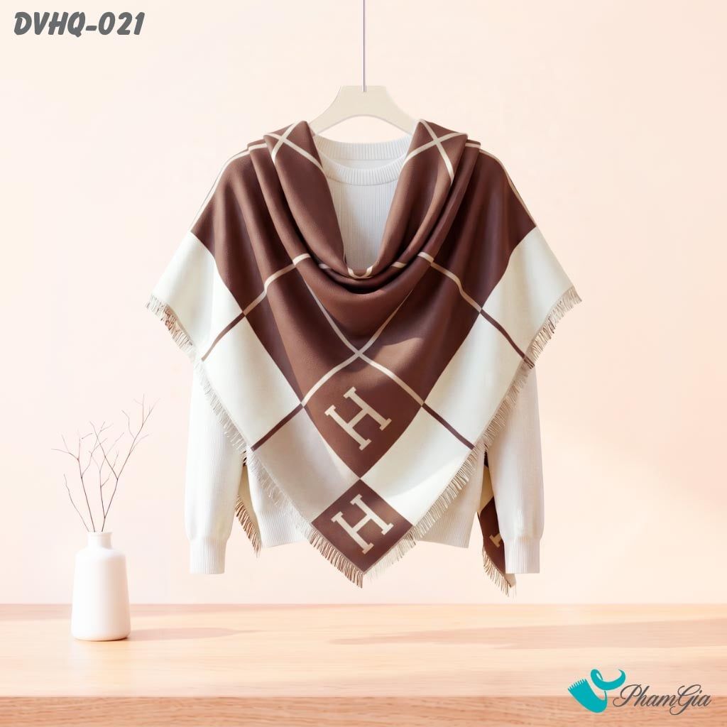 Khăn Choàng Dạ Cashmere Vuông Phong Cách Hàn Quốc Cao Cấp Họa Tiết Caro Màu Nâu Tây (DVHQ021)
