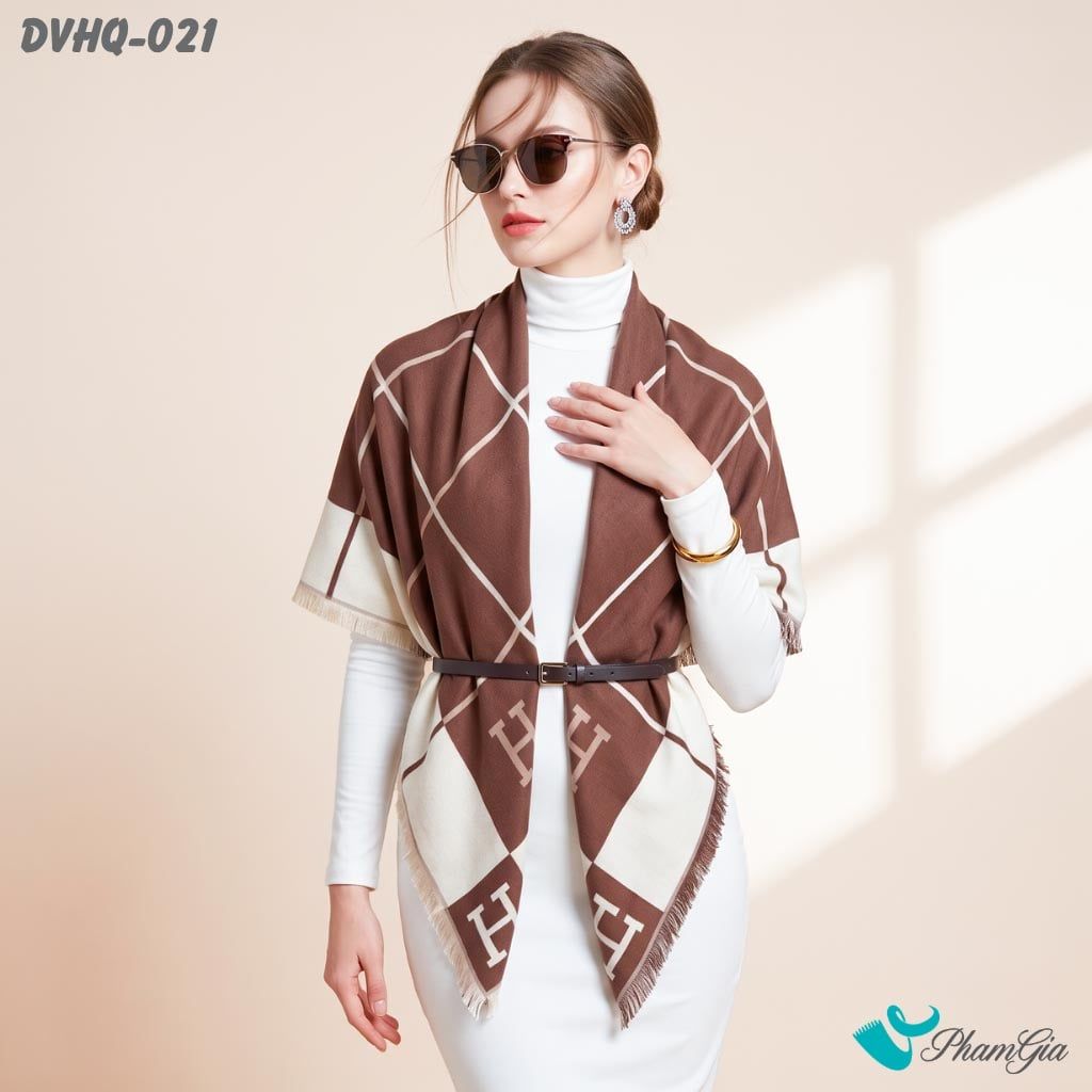Khăn Choàng Dạ Cashmere Vuông Phong Cách Hàn Quốc Cao Cấp Họa Tiết Caro Màu Nâu Tây (DVHQ021)
