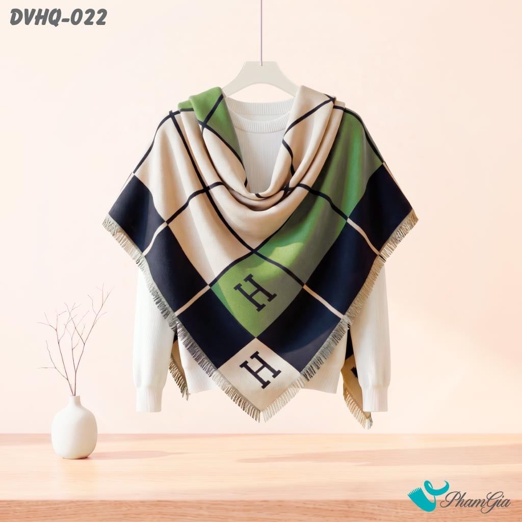 Khăn Choàng Dạ Cashmere Vuông Phong Cách Hàn Quốc Cao Cấp Họa Tiết Caro Phối Màu Xanh Rêu - Navy (DVHQ022)