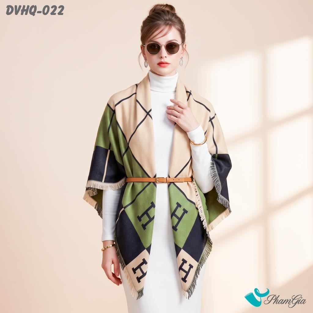 Khăn Choàng Dạ Cashmere Vuông Phong Cách Hàn Quốc Cao Cấp Họa Tiết Caro Phối Màu Xanh Rêu - Navy (DVHQ022)