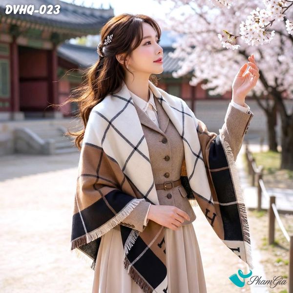 Khăn Choàng Dạ Cashmere Vuông Phong Cách Hàn Quốc Cao Cấp Họa Tiết Caro Phối Màu Đen - Nâu Đất (DVHQ023)