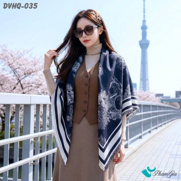 Khăn Choàng Dạ Cashmere Vuông Phong Cách Hàn Quốc Cao Cấp Họa Tiết Cây Cổ Thụ Màu Xanh Navy (DVHQ035)