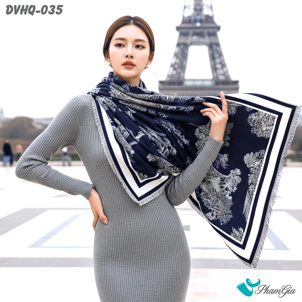 Khăn Choàng Dạ Cashmere Vuông Phong Cách Hàn Quốc Cao Cấp Họa Tiết Cây Cổ Thụ Màu Xanh Navy (DVHQ035)