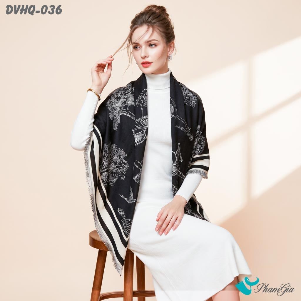 Khăn Choàng Dạ Cashmere Vuông Phong Cách Hàn Quốc Cao Cấp Họa Tiết Cây Cổ Thụ Màu Đen Trắng (DVHQ036)