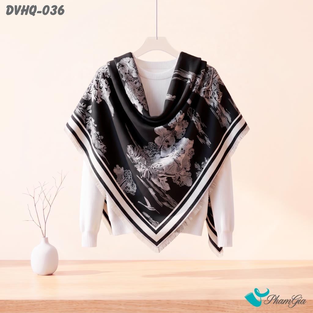 Khăn Choàng Dạ Cashmere Vuông Phong Cách Hàn Quốc Cao Cấp Họa Tiết Cây Cổ Thụ Màu Đen Trắng (DVHQ036)