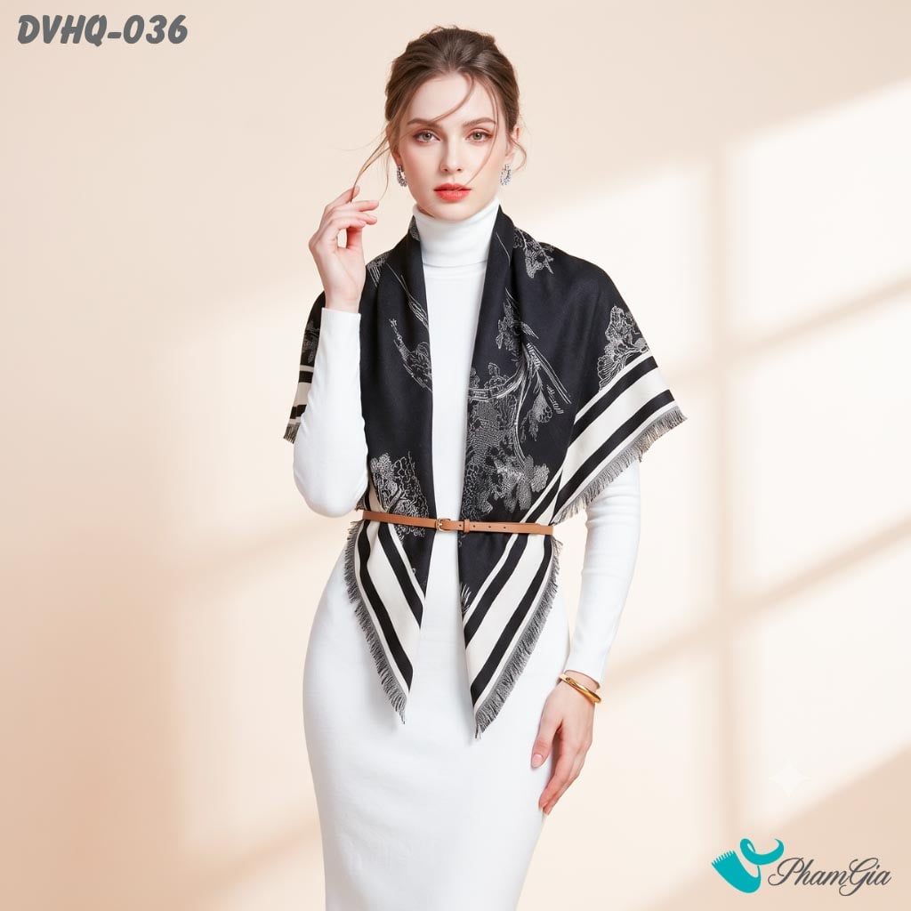 Khăn Choàng Dạ Cashmere Vuông Phong Cách Hàn Quốc Cao Cấp Họa Tiết Cây Cổ Thụ Màu Đen Trắng (DVHQ036)