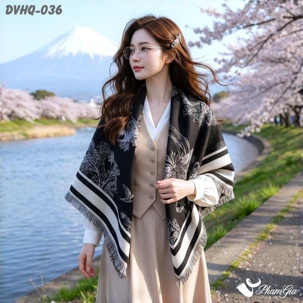 Khăn Choàng Dạ Cashmere Vuông Phong Cách Hàn Quốc Cao Cấp Họa Tiết Cây Cổ Thụ Màu Đen Trắng (DVHQ036)