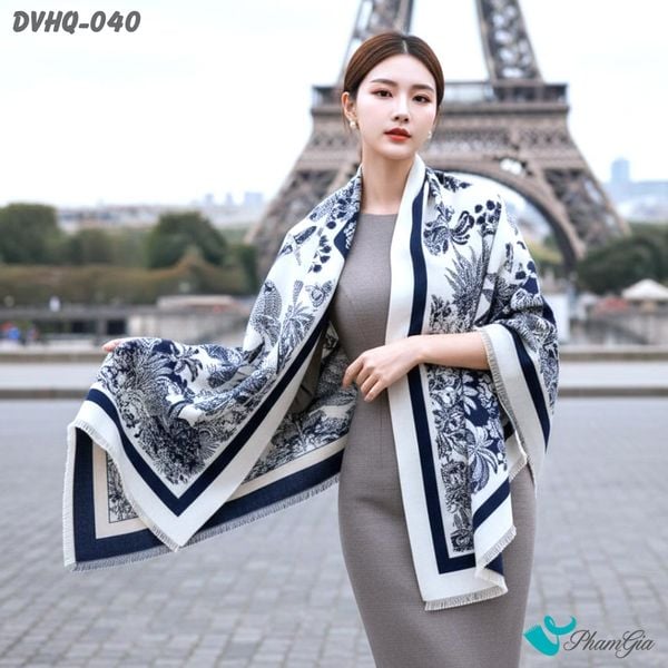 Khăn Choàng Dạ Cashmere Vuông Phong Cách Hàn Quốc Cao Cấp Họa Tiết Vườn Nhiệt Đới Màu Xanh Navy (DVHQ040)