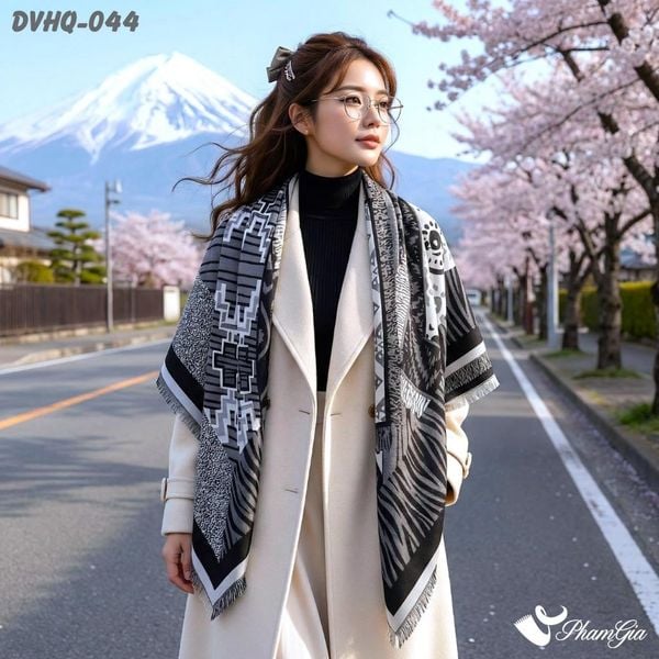 Khăn Choàng Dạ Cashmere Vuông Phong Cách Hàn Quốc Cao Cấp Họa Tiết Retro Màu Đen Xám (DVHQ044)