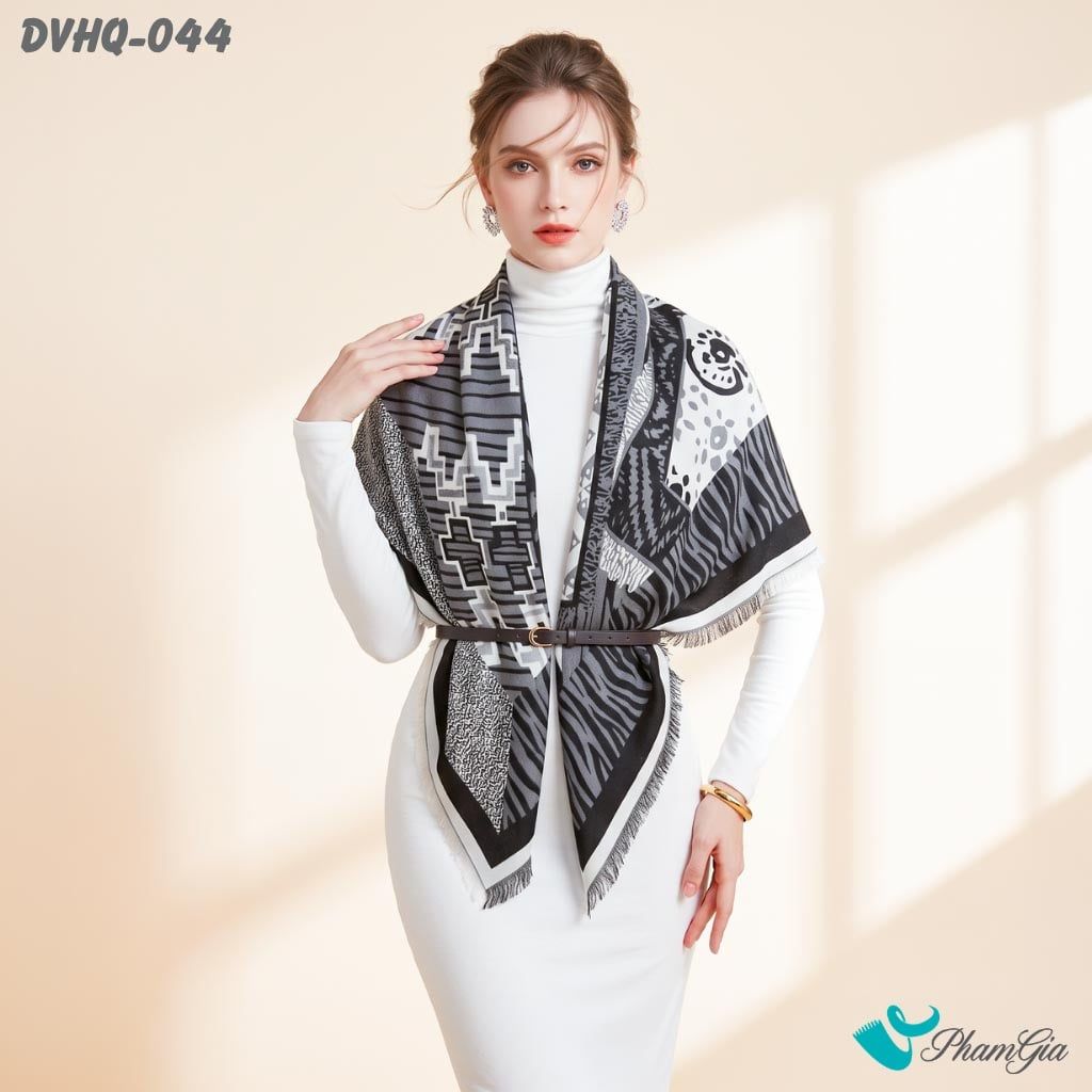 Khăn Choàng Dạ Cashmere Vuông Phong Cách Hàn Quốc Cao Cấp Họa Tiết Retro Màu Đen Xám (DVHQ044)