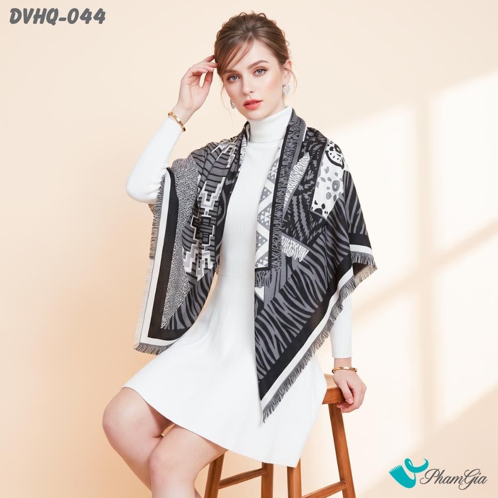 Khăn Choàng Dạ Cashmere Vuông Phong Cách Hàn Quốc Cao Cấp Họa Tiết Retro Màu Đen Xám (DVHQ044)